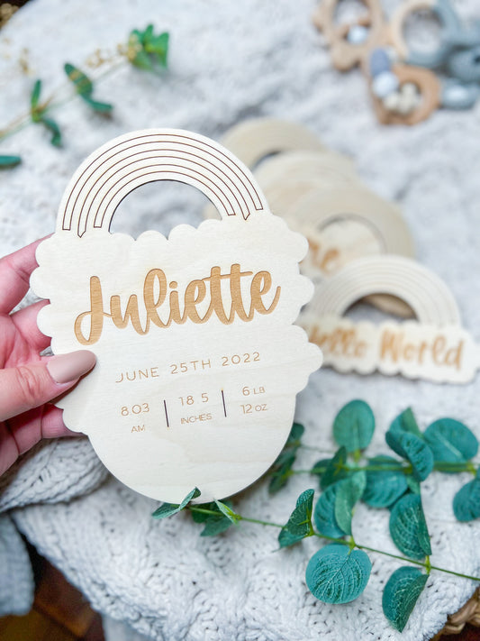 Wooden Engraved Rainbow Custom Newborn Name & Stats Announcement